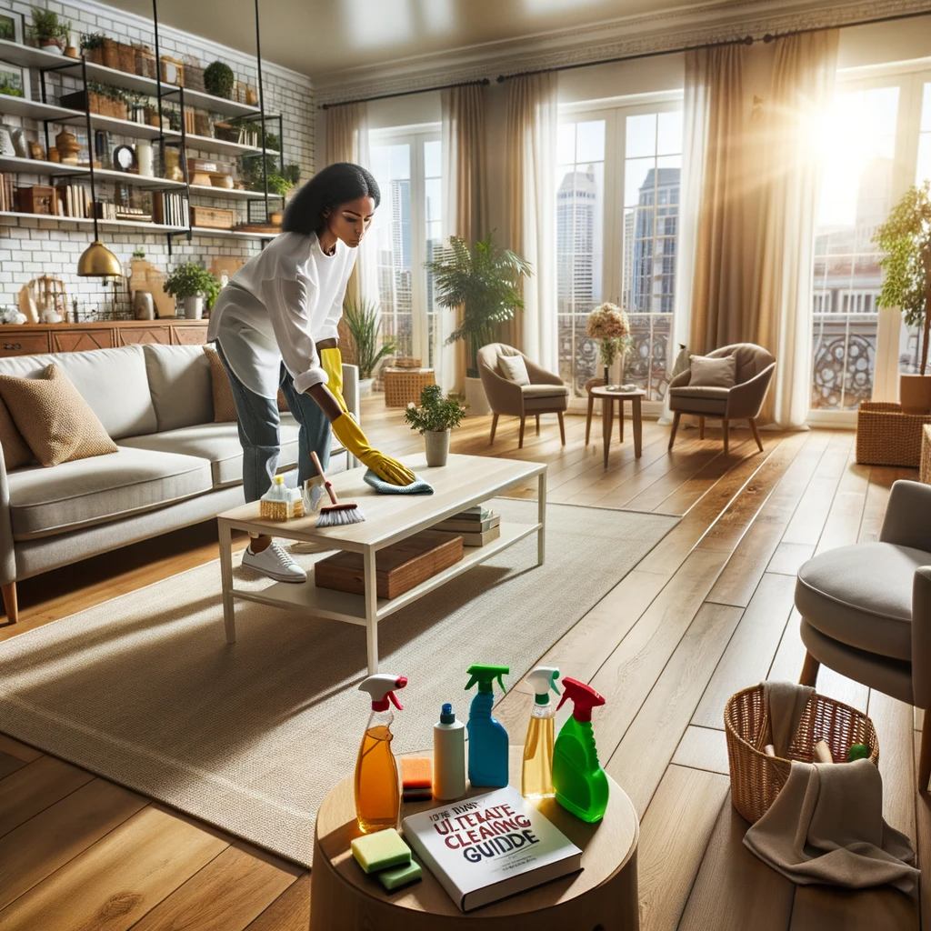 Indianapolis woman diligently cleaning a living room.