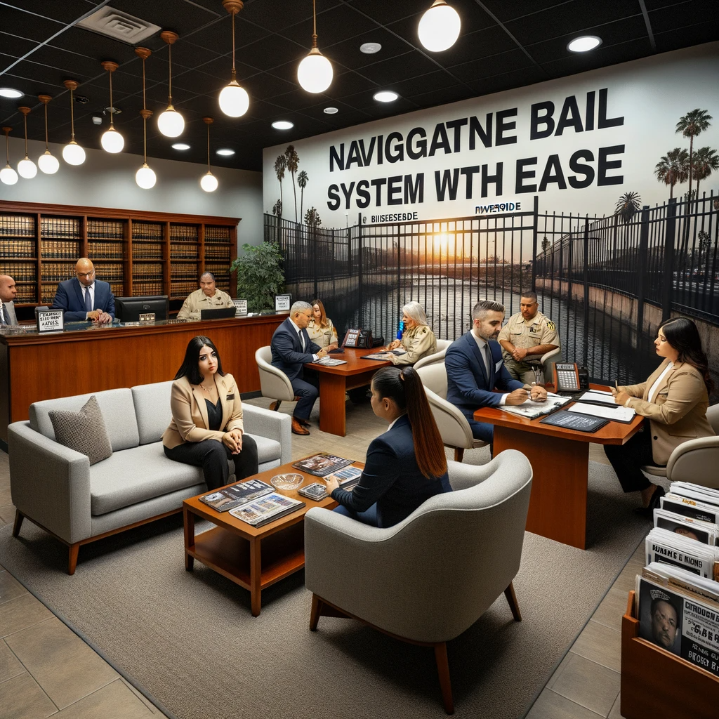 Professional Riverside bail bonds office with dedicated staff assisting clients, featuring a prominent wall mural emphasizing easy navigation of the bail system.