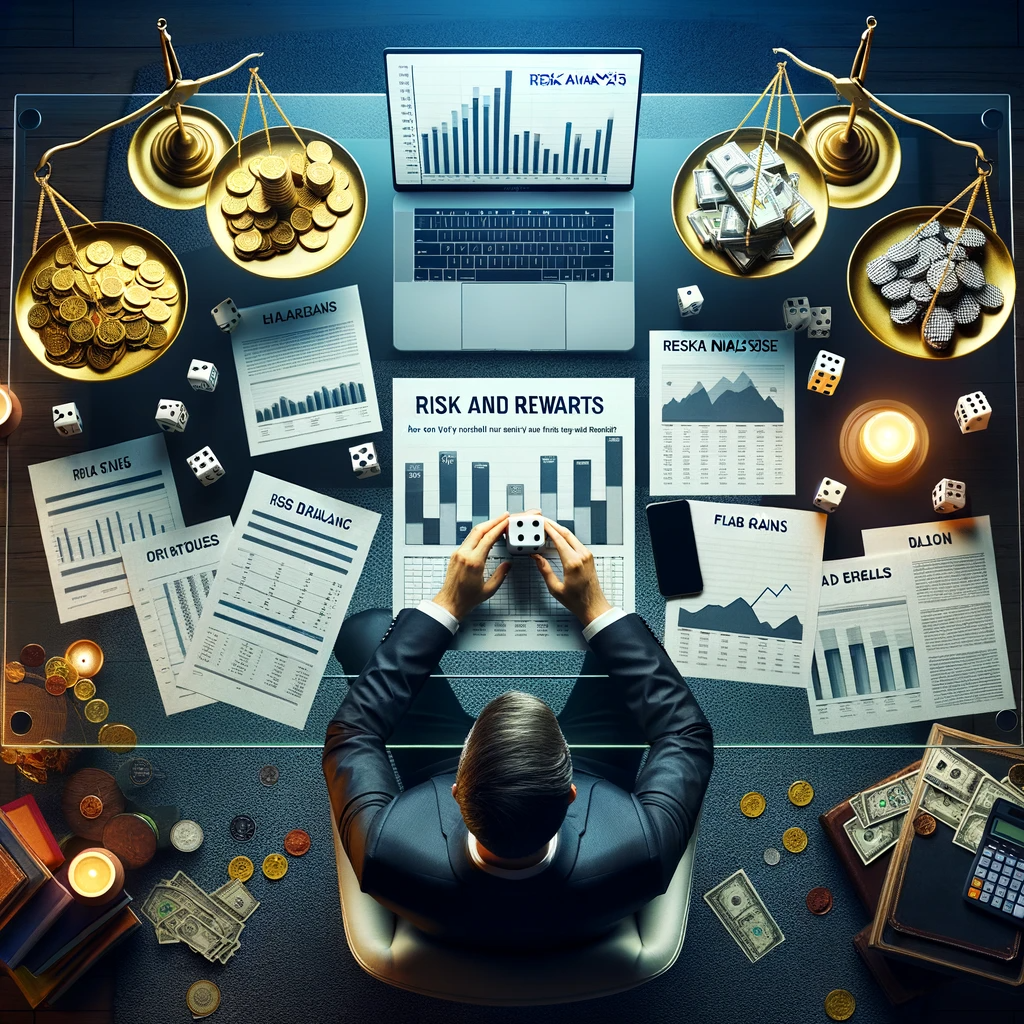 Financial strategist analyzing risk charts at a table, with a balance scale representing risks and rewards, and a laptop displaying potential gains and losses, along with the title "Risk and Rewards". 