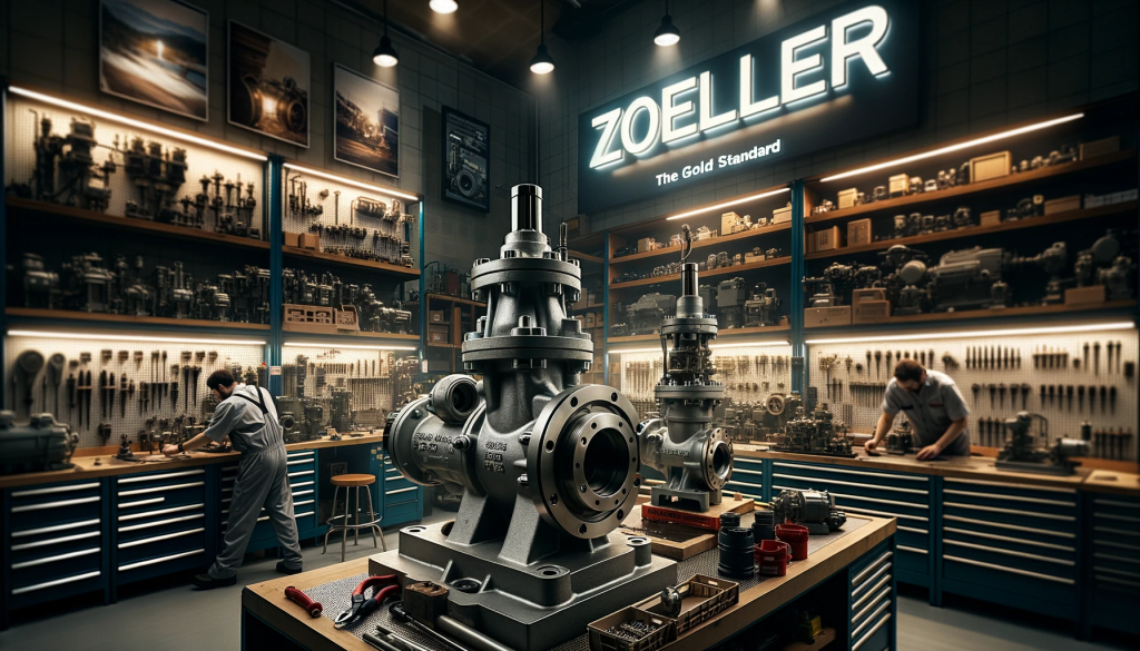 Technicians working on 'Zoeller M53 Mighty-Mate' and 'Zoeller 267 Series' pumps in a Zoeller workshop, with shelves stocked with various Zoeller products in the background.