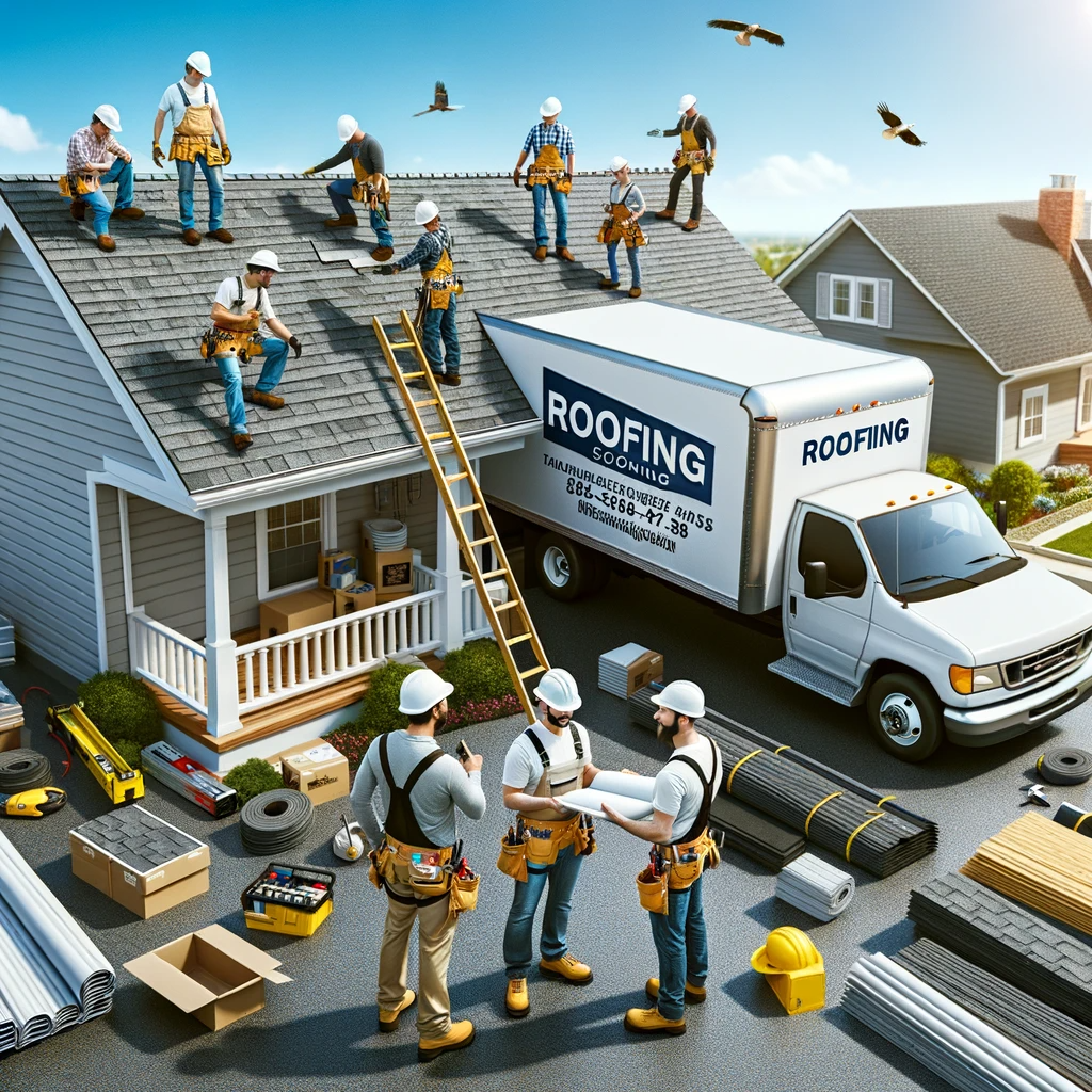 Professional roofing team working on a residential roof with a branded company truck in the background.